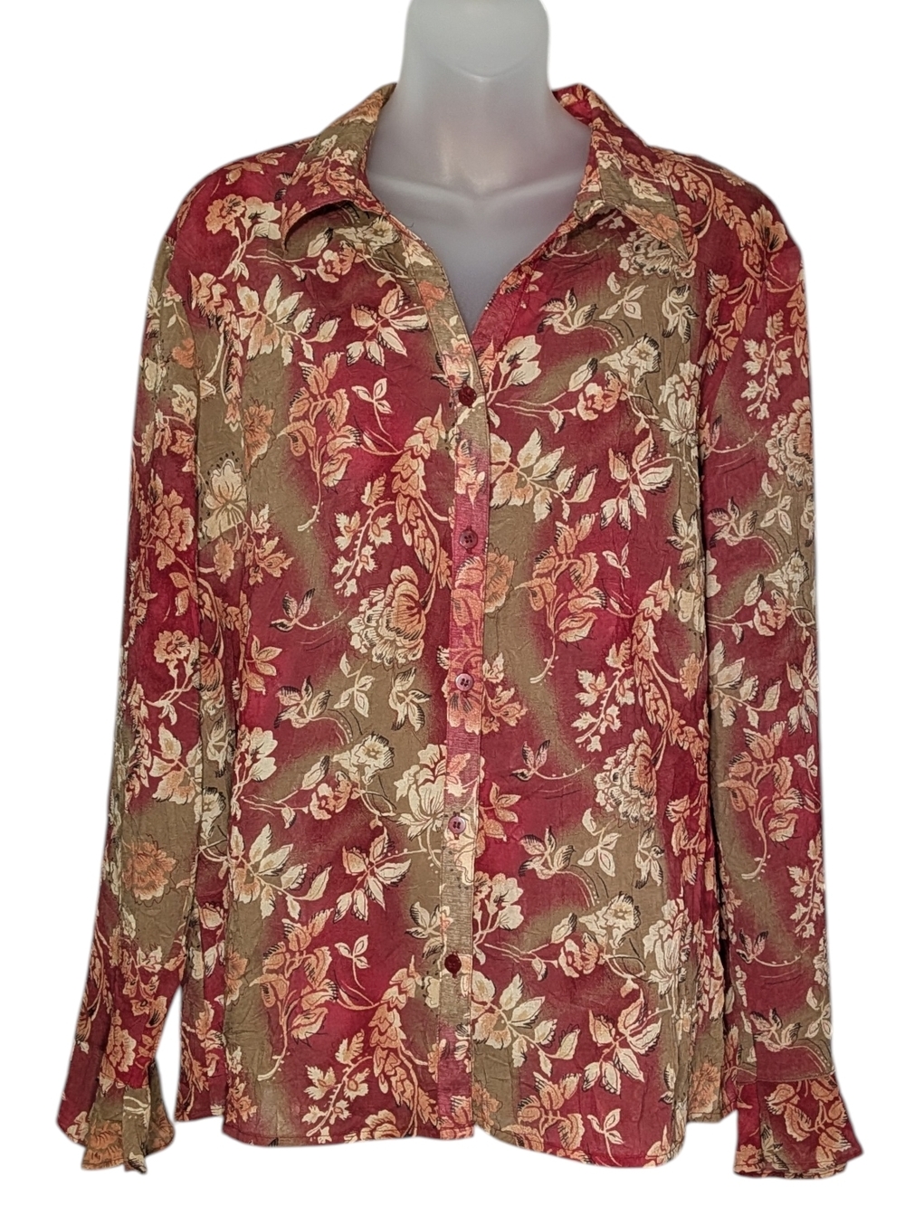 Vintage JM Collection Size 18 Burgundy Olive Floral Crinkle Button-Down Shirt